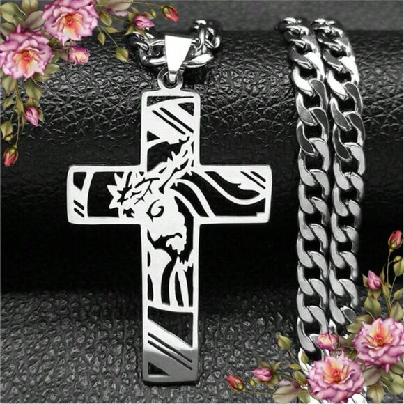 Jesus Cross Necklace For Men Stainless Steel Pendant Necklace - Picture 1 of 8
